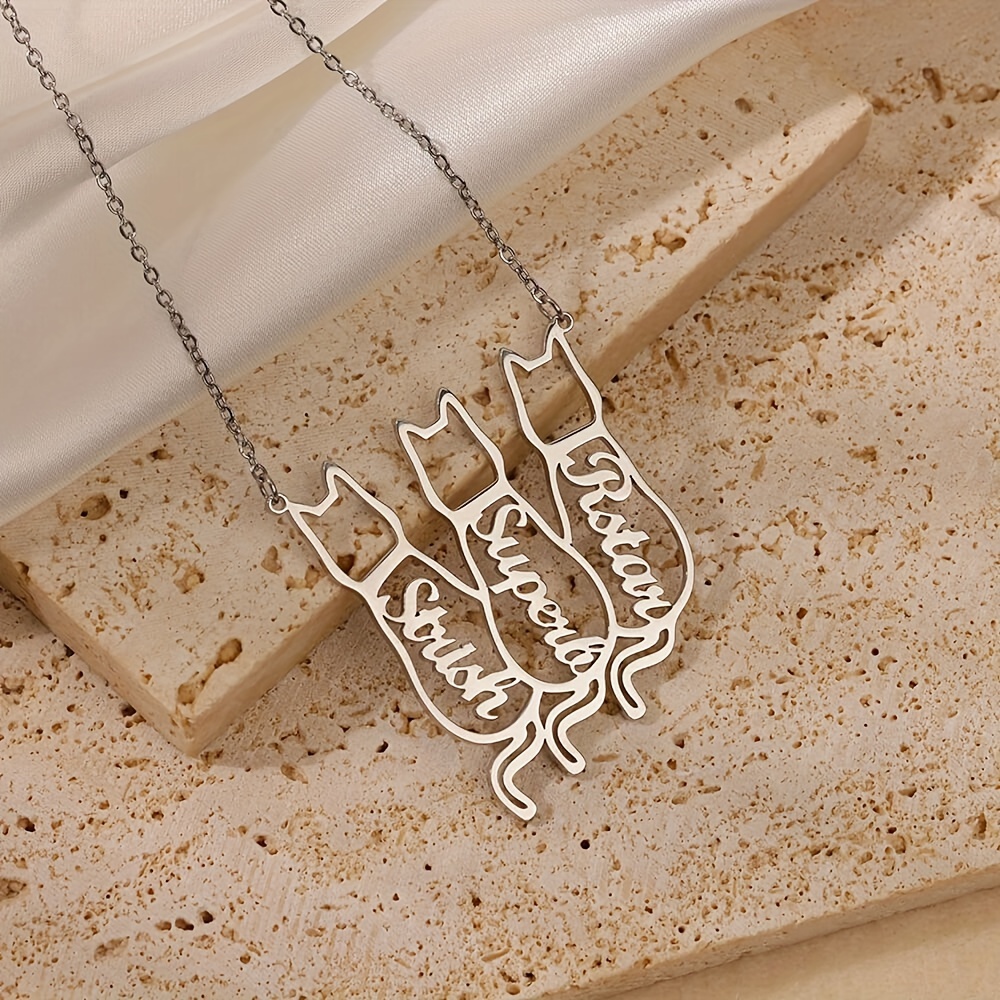 Custom Hollow Cat Silhouette Stainless Steel Necklace With English Names